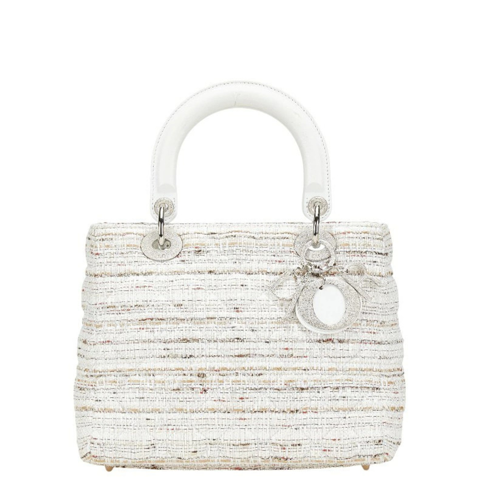 Dior Lady Canage Tweed Handbag White Multicolor Canvas Leather